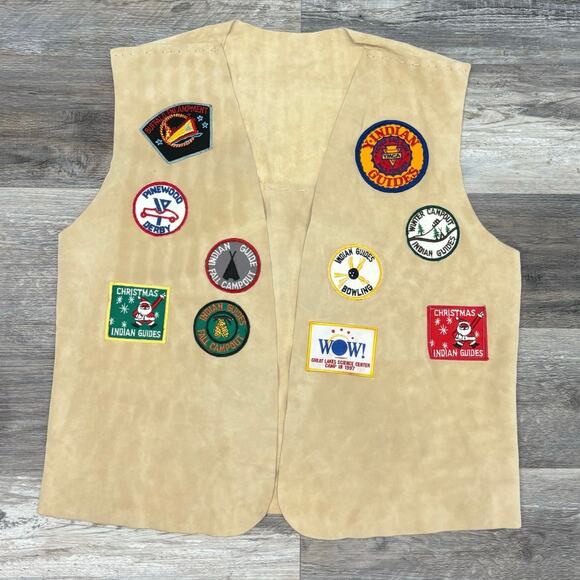 Vintage 90s YMCA Y-Indian Guides Patched Tan Mens L Homemade Suede Leather Vest - Picture 1 of 9